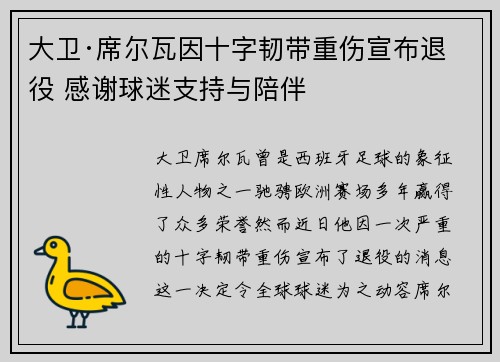 大卫·席尔瓦因十字韧带重伤宣布退役 感谢球迷支持与陪伴 大卫·席尔瓦因十字韧带重伤宣布退役 感谢球迷支持与陪伴